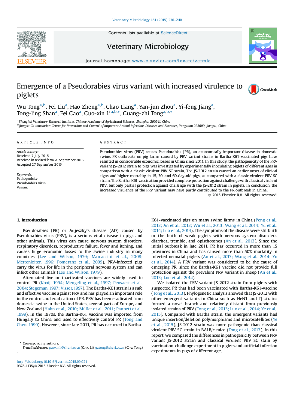 Emergence of a Pseudorabies virus variant with increased virulence to piglets