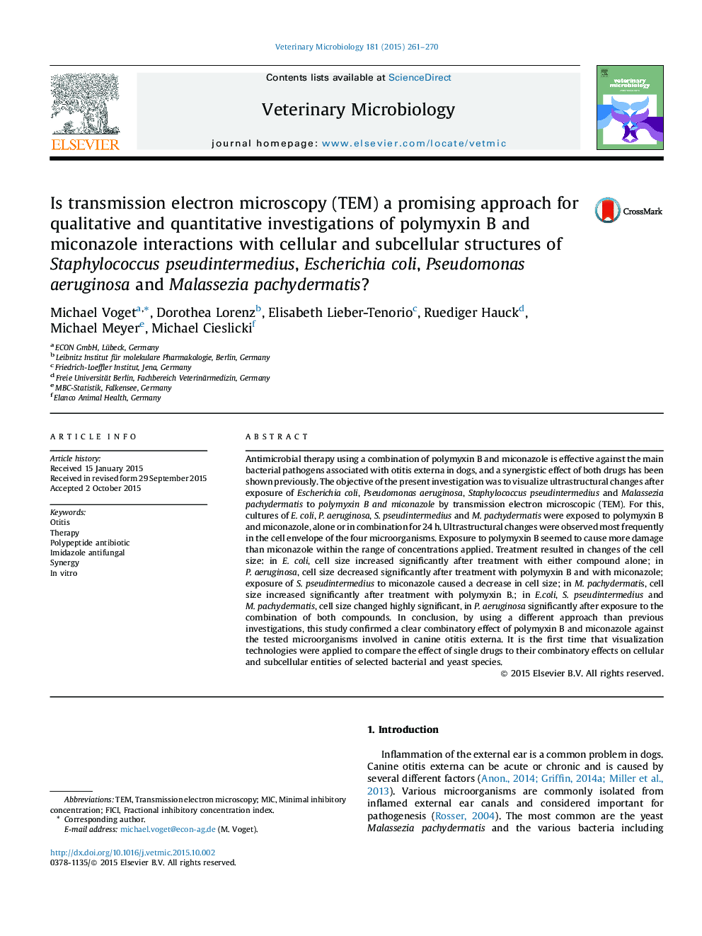 Is transmission electron microscopy (TEM) a promising approach for qualitative and quantitative investigations of polymyxin B and miconazole interactions with cellular and subcellular structures of Staphylococcus pseudintermedius, Escherichia coli, Pseudo