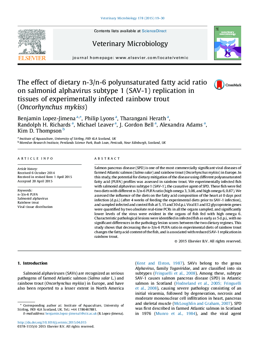 The effect of dietary n-3/n-6 polyunsaturated fatty acid ratio on salmonid alphavirus subtype 1 (SAV-1) replication in tissues of experimentally infected rainbow trout (Oncorhynchus mykiss)