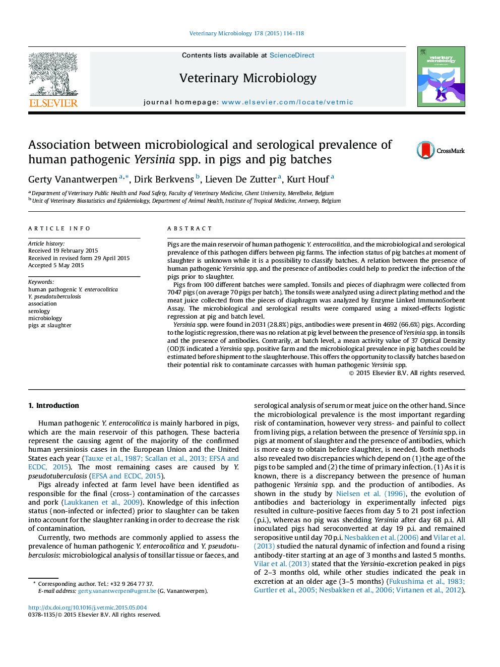 Association between microbiological and serological prevalence of human pathogenic Yersinia spp. in pigs and pig batches