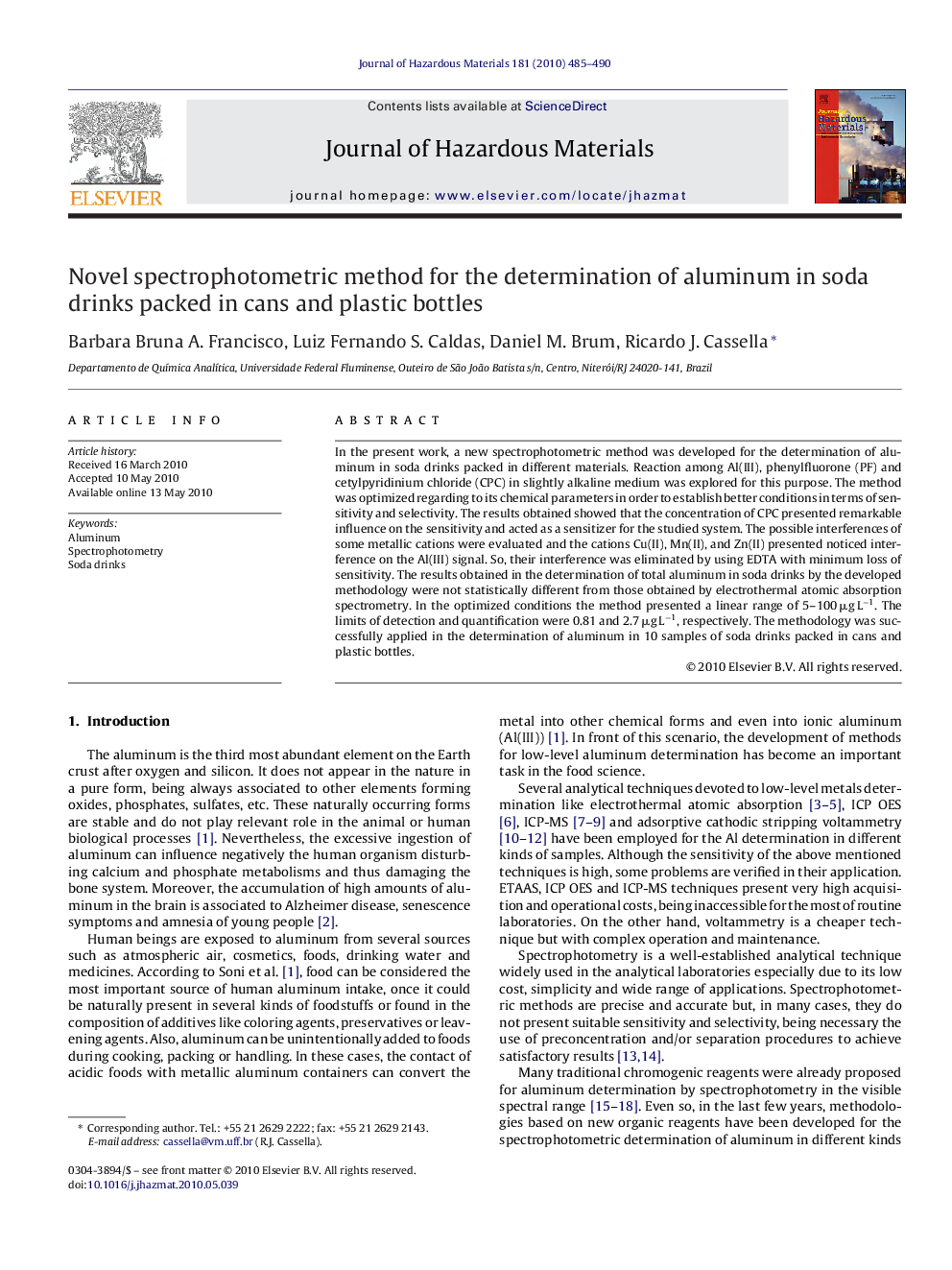 عکس صفحه اول مقاله: Novel spectrophotometric method for the determination of aluminum in soda drinks packed in cans and plastic bottles Novel spectrophotometric method for the determination of aluminum in soda drinks packed in cans and plastic bottles
