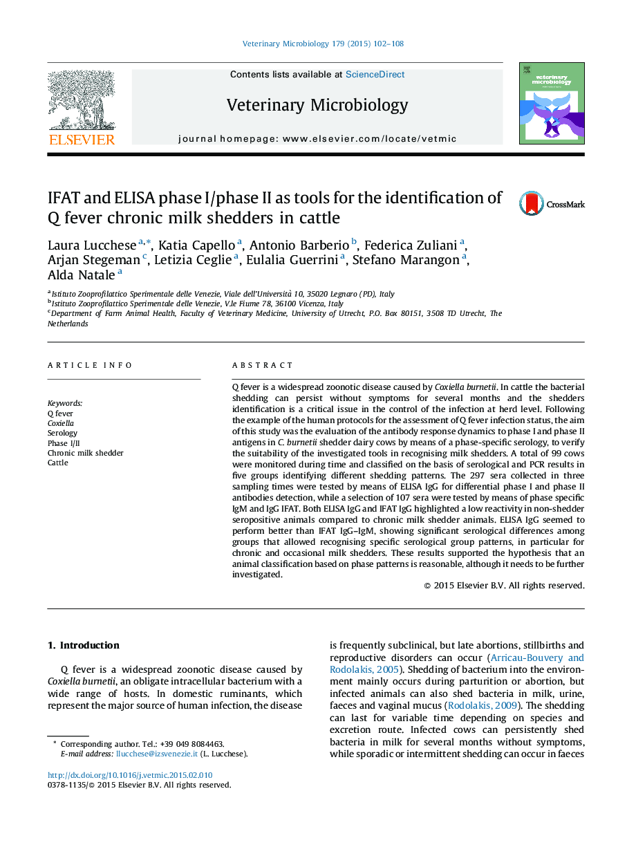 IFAT and ELISA phase I/phase II as tools for the identification of Q fever chronic milk shedders in cattle