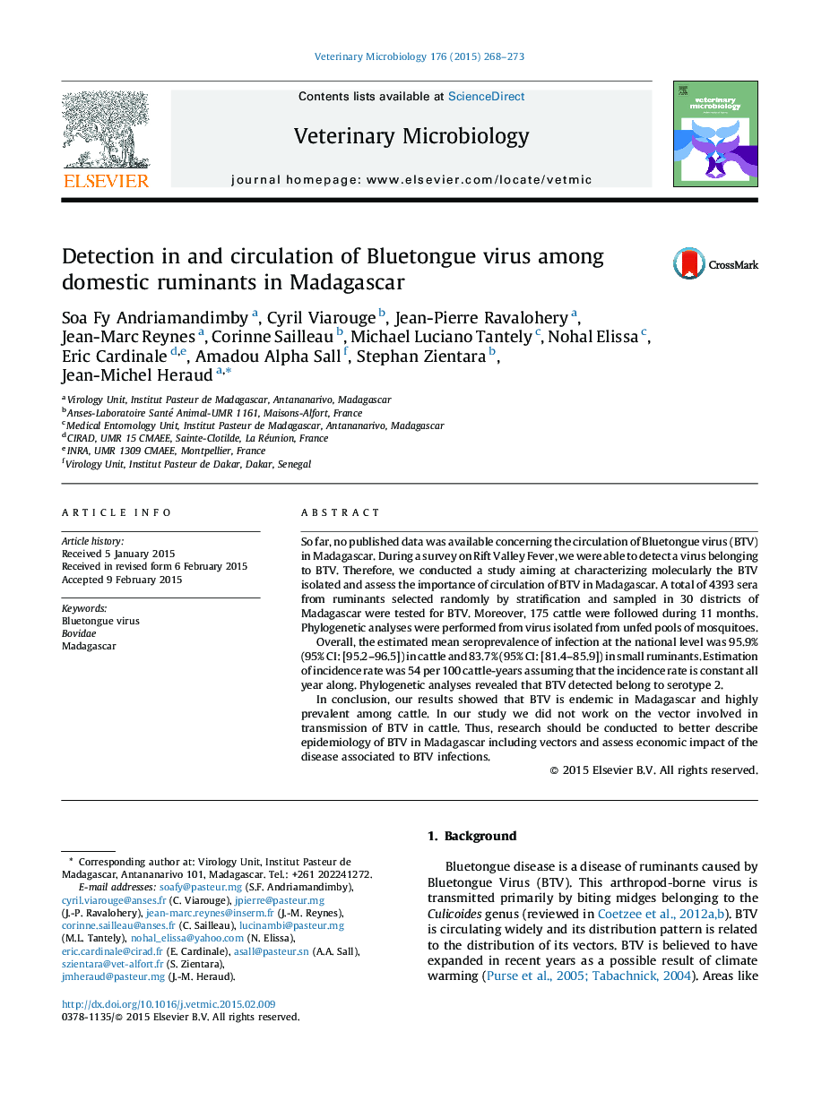 Detection in and circulation of Bluetongue virus among domestic ruminants in Madagascar