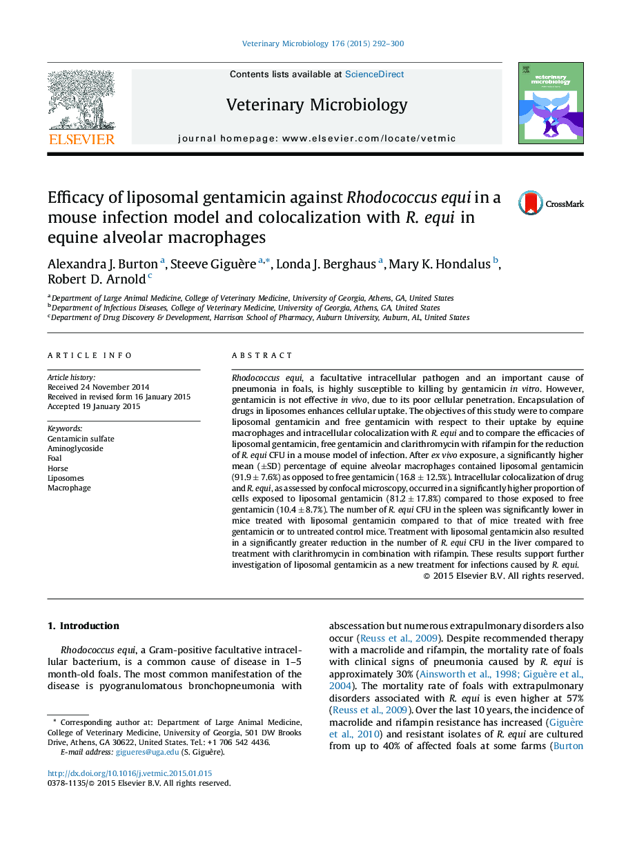 Efficacy of liposomal gentamicin against Rhodococcus equi in a mouse infection model and colocalization with R. equi in equine alveolar macrophages