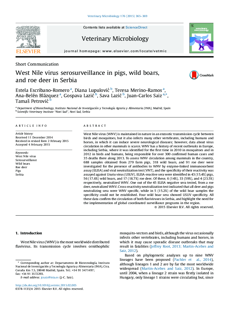 West Nile virus serosurveillance in pigs, wild boars, and roe deer in Serbia