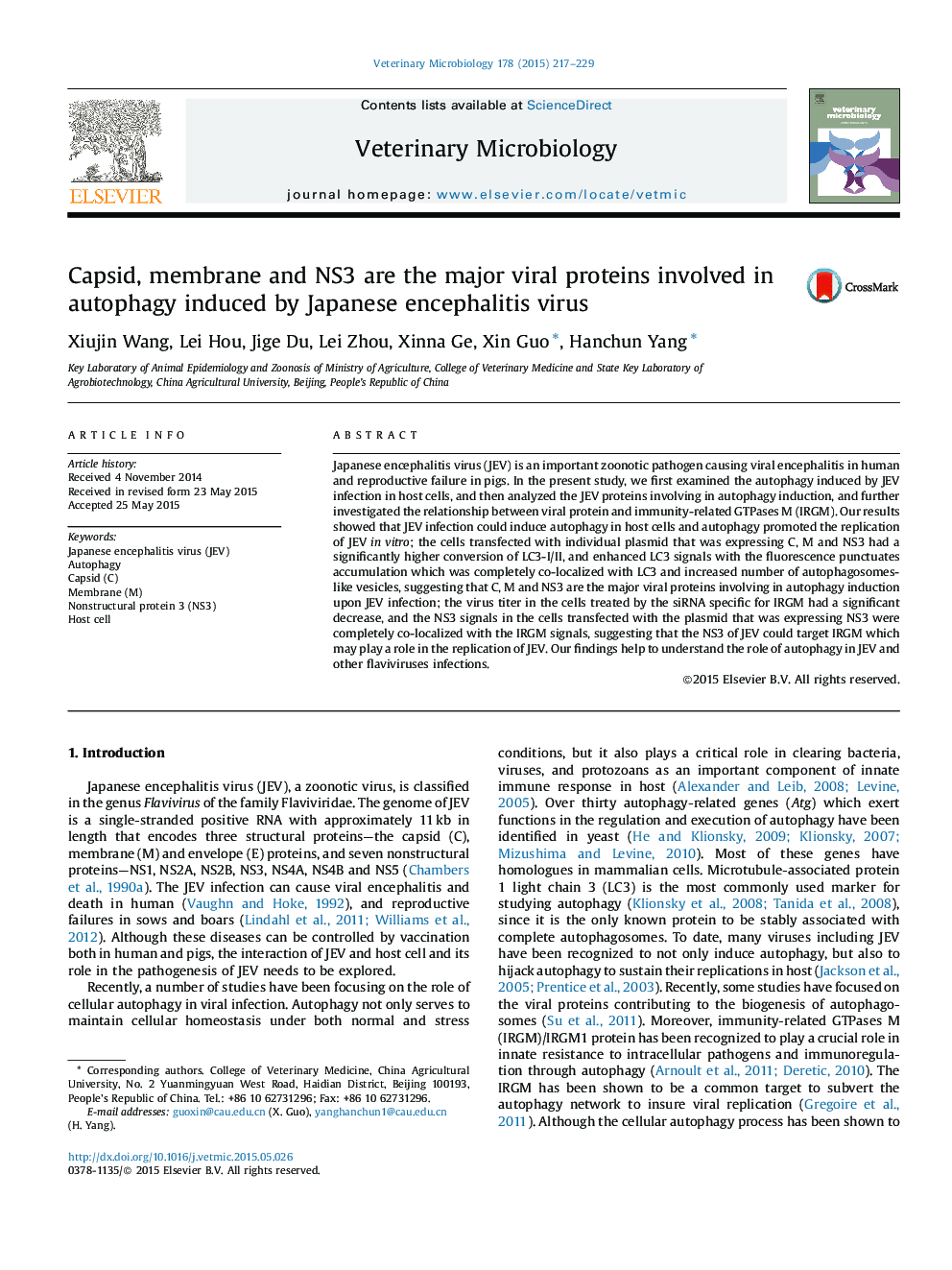 Capsid, membrane and NS3 are the major viral proteins involved in autophagy induced by Japanese encephalitis virus