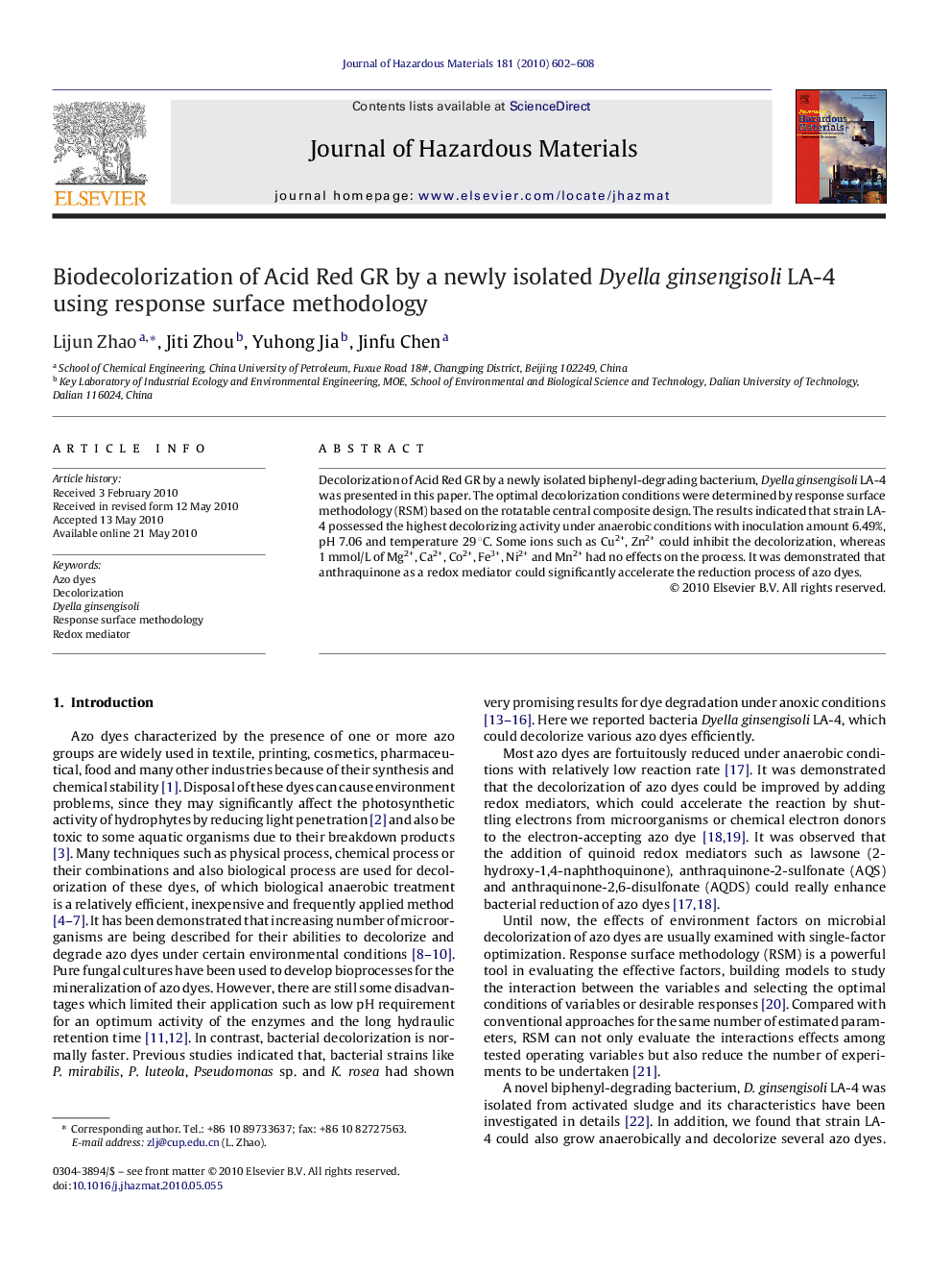 Biodecolorization of Acid Red GR by a newly isolated Dyella ginsengisoli LA-4 using response surface methodology