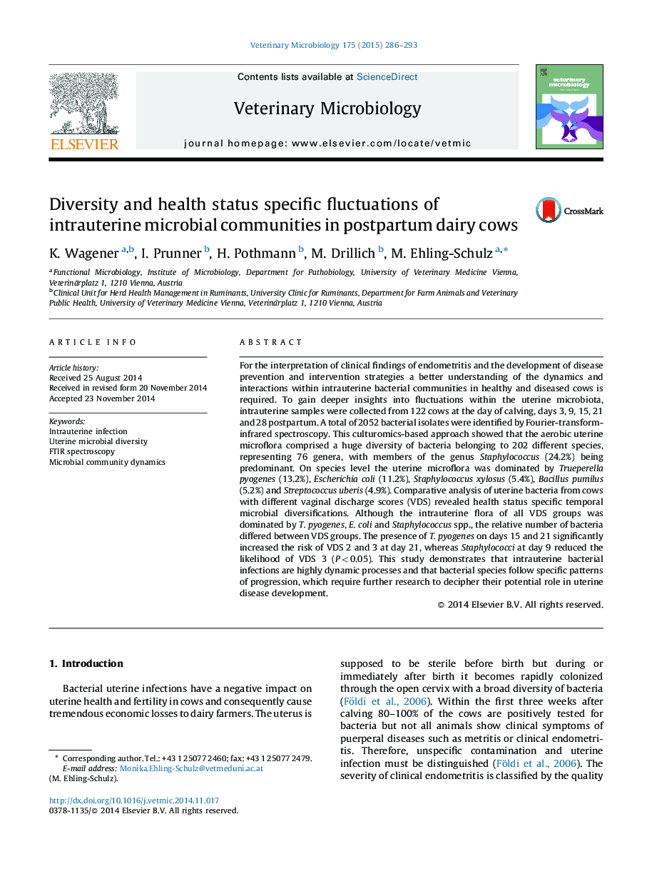 Diversity and health status specific fluctuations of intrauterine microbial communities in postpartum dairy cows