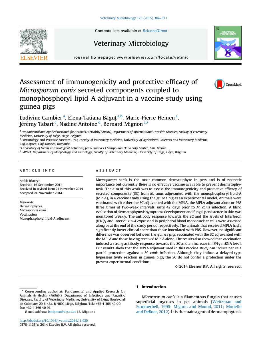 Assessment of immunogenicity and protective efficacy of Microsporum canis secreted components coupled to monophosphoryl lipid-A adjuvant in a vaccine study using guinea pigs