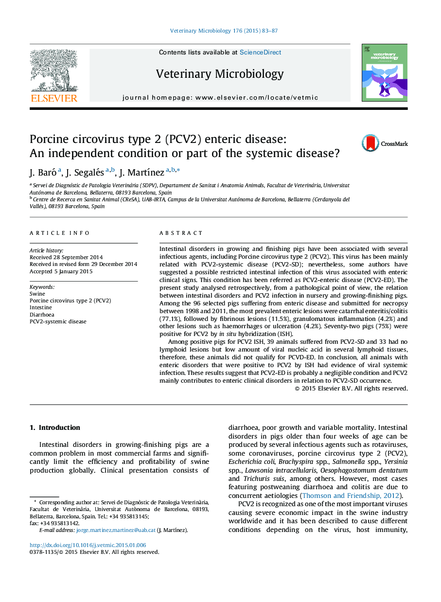 Porcine circovirus type 2 (PCV2) enteric disease: An independent condition or part of the systemic disease?