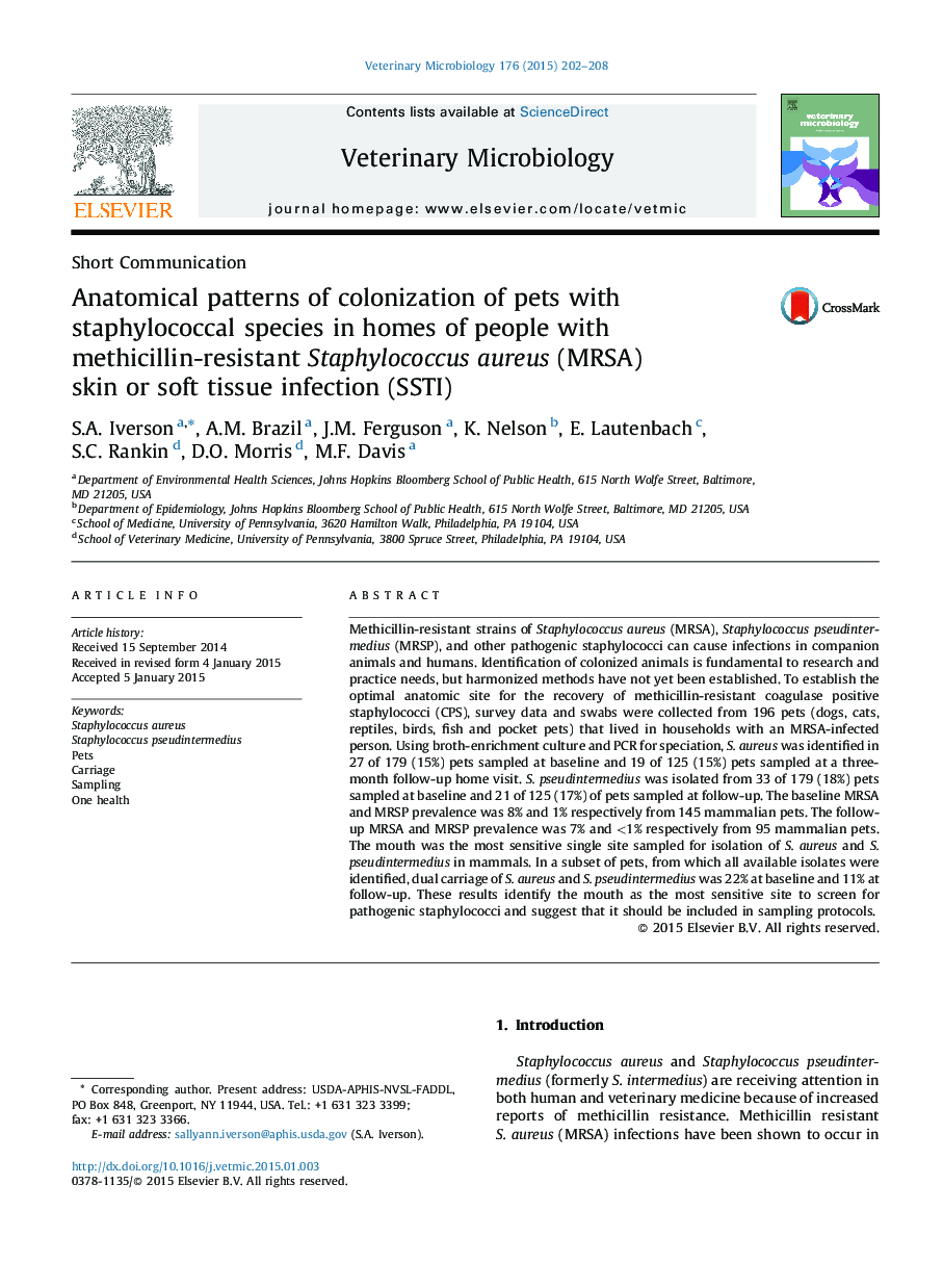 Anatomical patterns of colonization of pets with staphylococcal species in homes of people with methicillin-resistant Staphylococcus aureus (MRSA) skin or soft tissue infection (SSTI)