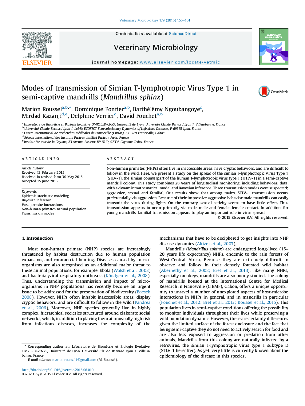 Modes of transmission of Simian T-lymphotropic Virus Type 1 in semi-captive mandrills (Mandrillus sphinx)
