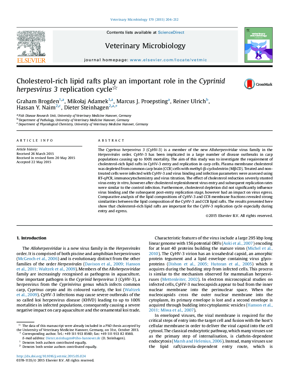 Cholesterol-rich lipid rafts play an important role in the Cyprinid herpesvirus 3 replication cycle