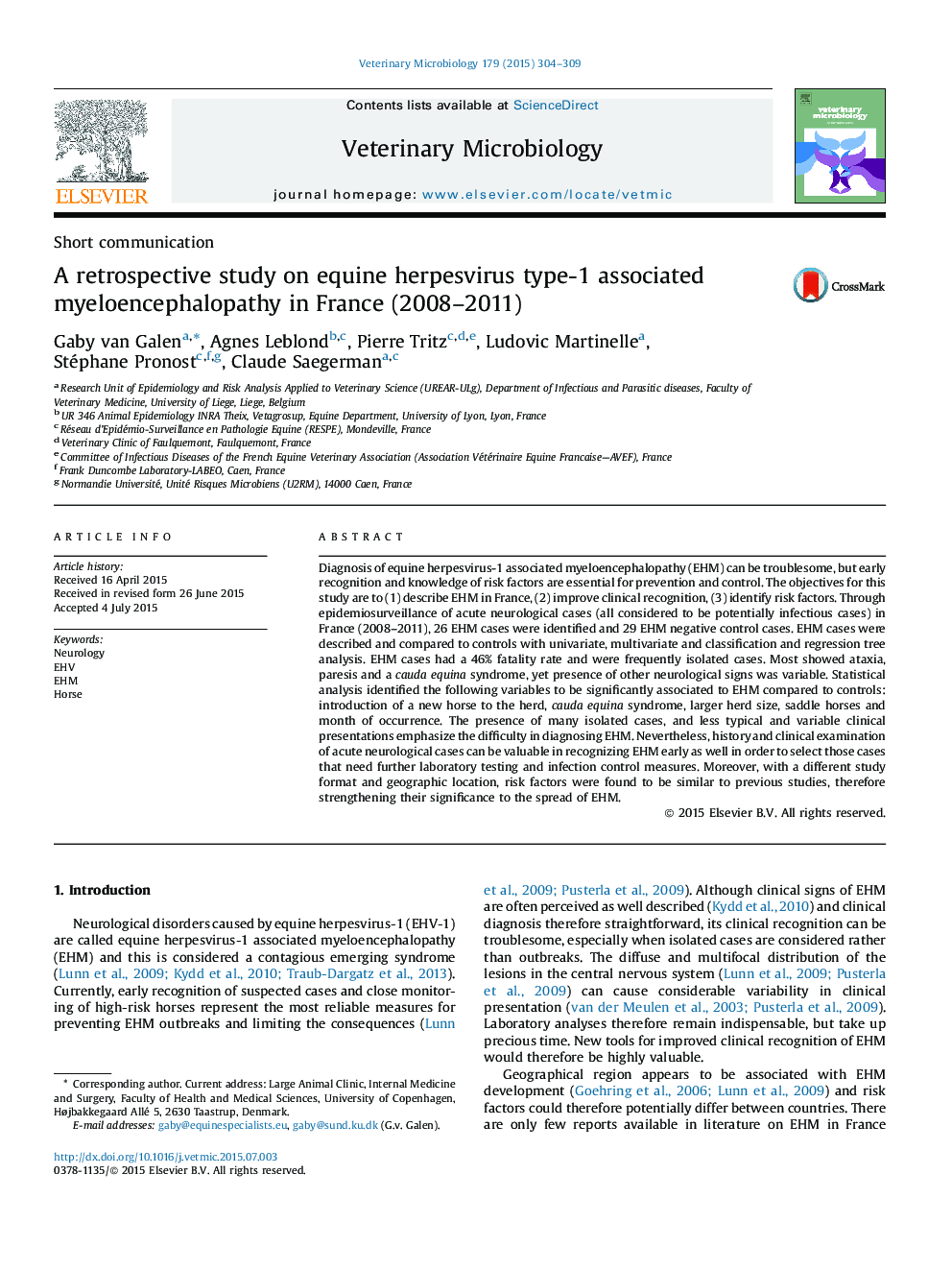 A retrospective study on equine herpesvirus type-1 associated myeloencephalopathy in France (2008-2011)