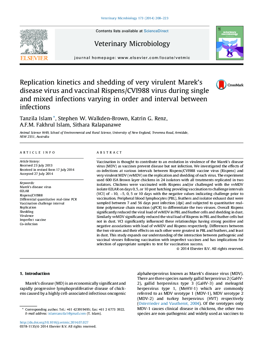 Replication kinetics and shedding of very virulent Marek's disease virus and vaccinal Rispens/CVI988 virus during single and mixed infections varying in order and interval between infections