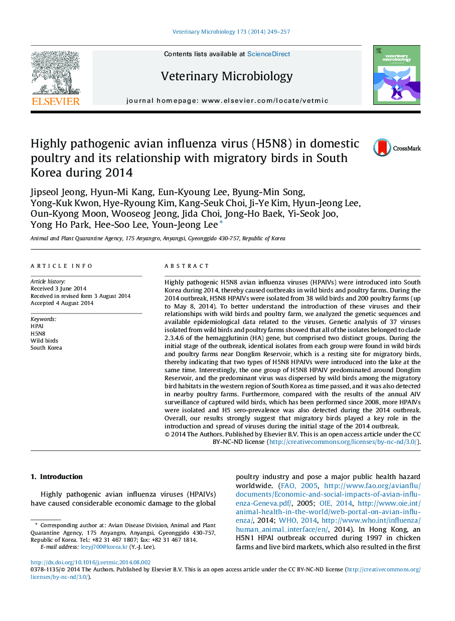 Highly pathogenic avian influenza virus (H5N8) in domestic poultry and its relationship with migratory birds in South Korea during 2014