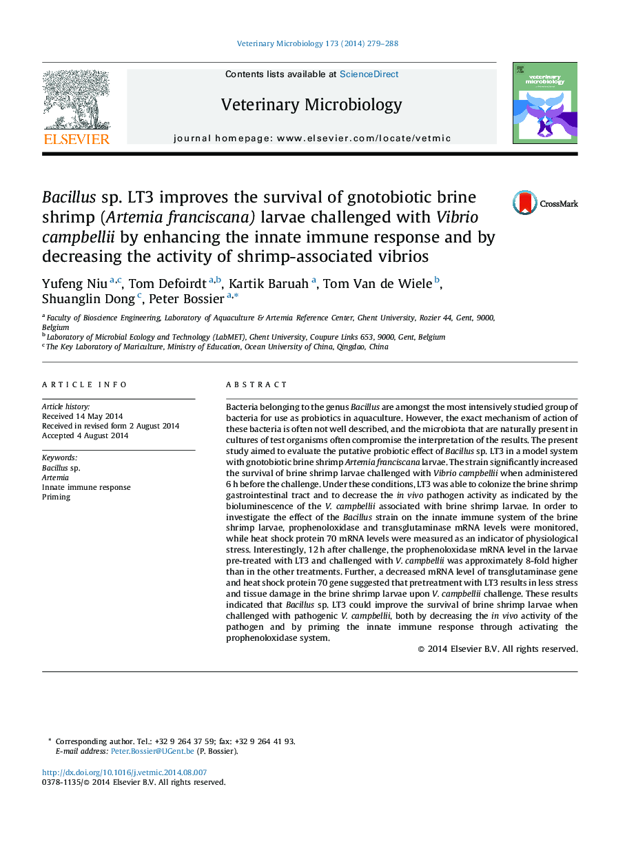 Bacillus sp. LT3 improves the survival of gnotobiotic brine shrimp (Artemia franciscana) larvae challenged with Vibrio campbellii by enhancing the innate immune response and by decreasing the activity of shrimp-associated vibrios