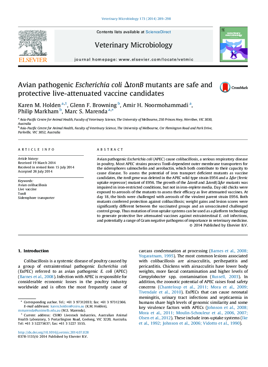 Avian pathogenic Escherichia coli ÎtonB mutants are safe and protective live-attenuated vaccine candidates