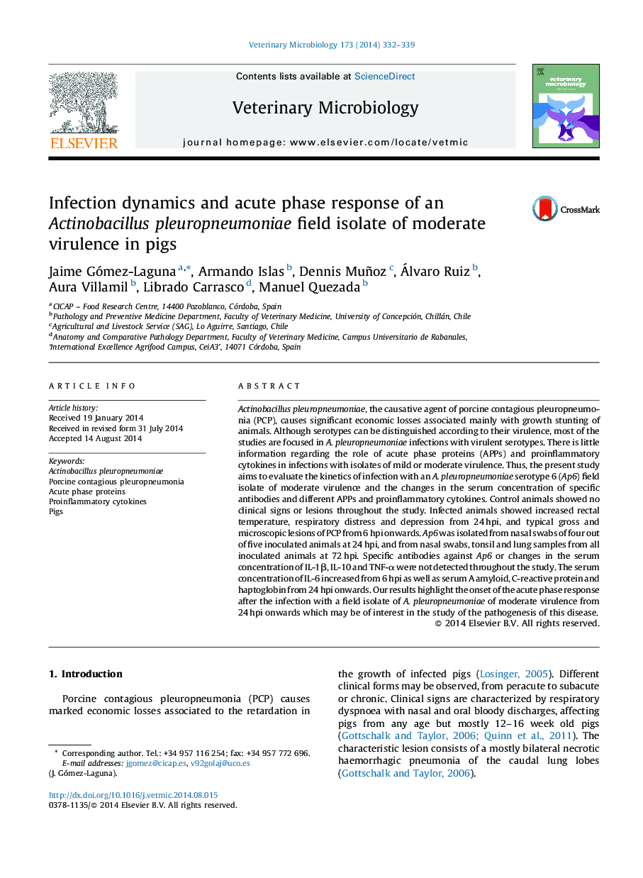 Infection dynamics and acute phase response of an Actinobacillus pleuropneumoniae field isolate of moderate virulence in pigs