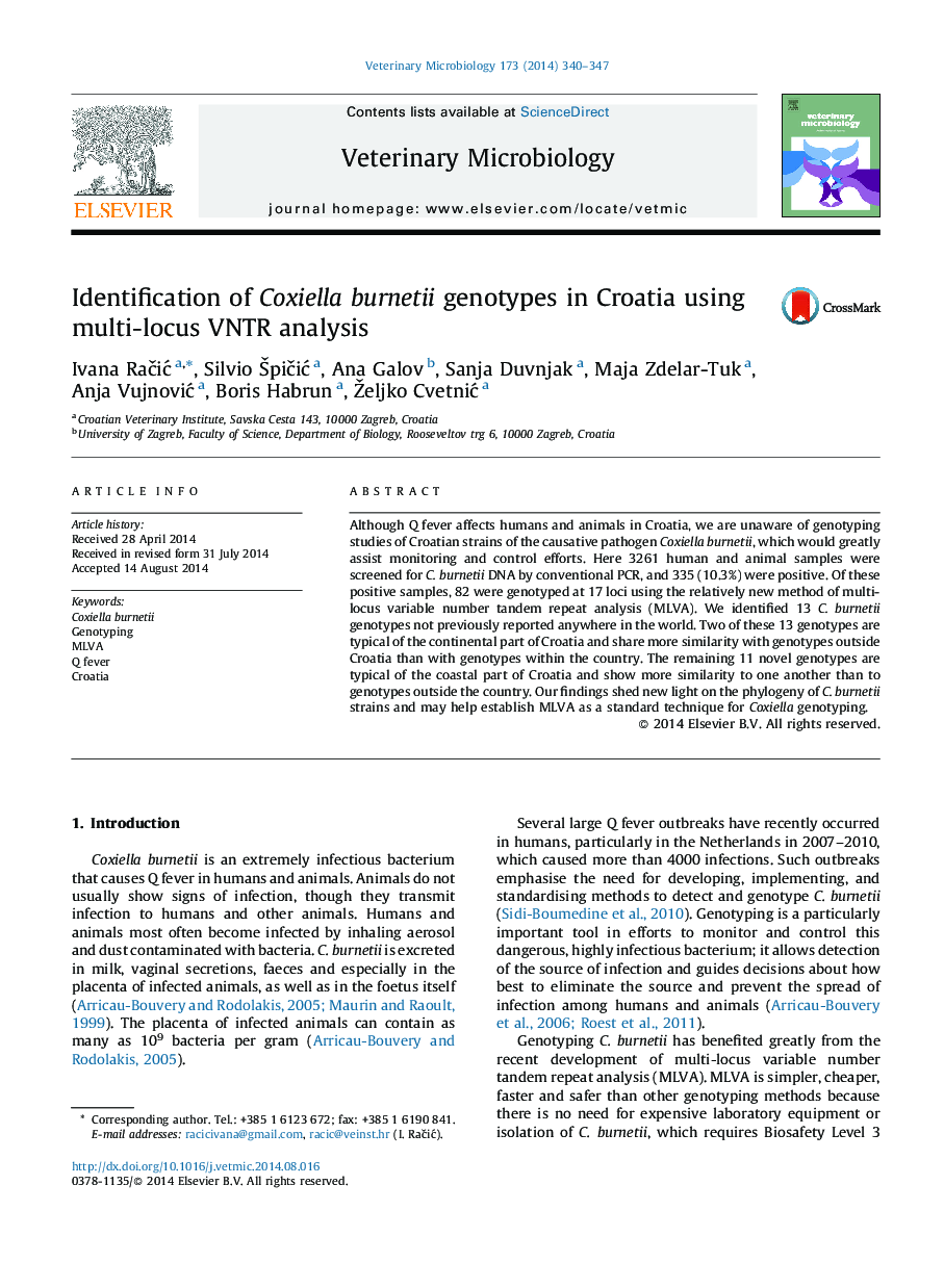 Identification of Coxiella burnetii genotypes in Croatia using multi-locus VNTR analysis