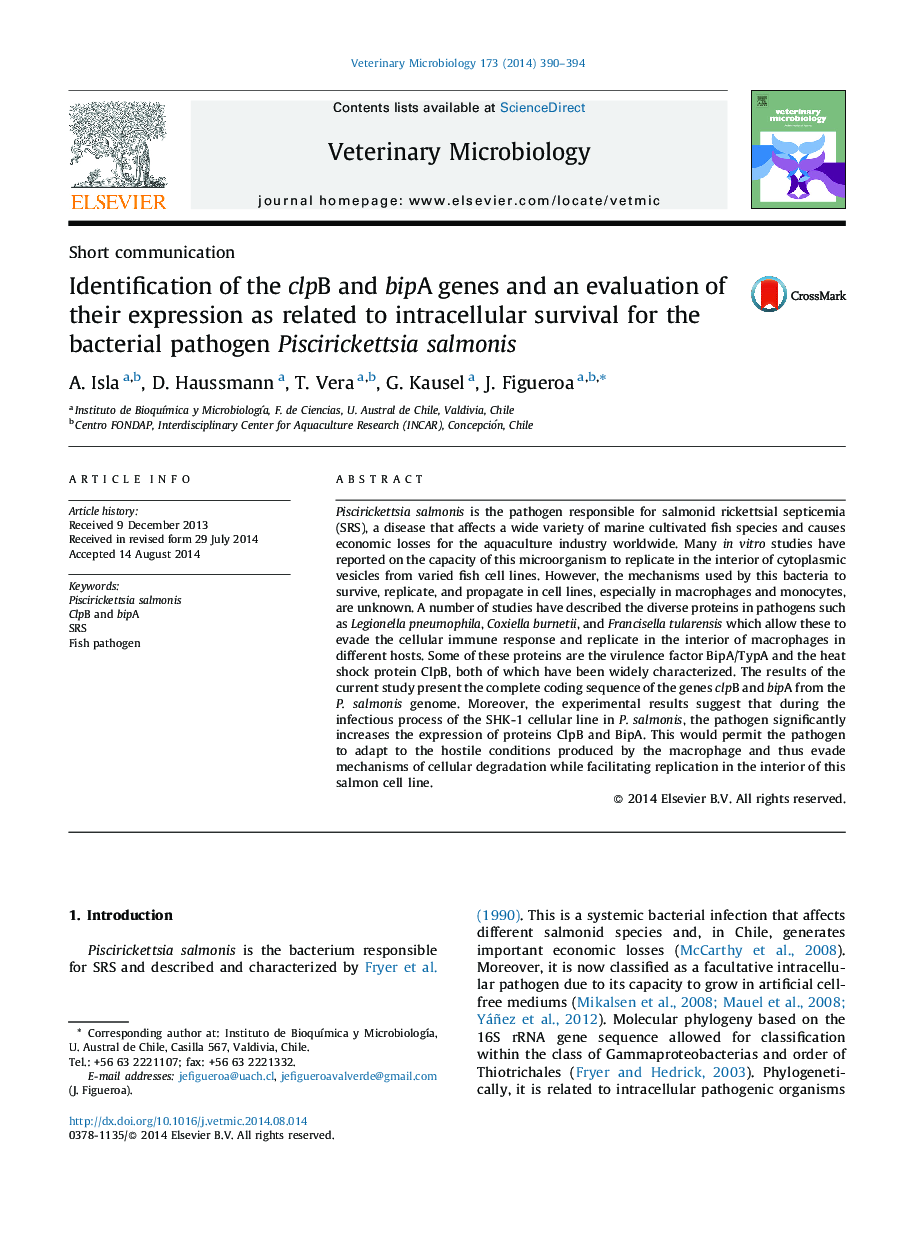 Identification of the clpB and bipA genes and an evaluation of their expression as related to intracellular survival for the bacterial pathogen Piscirickettsia salmonis