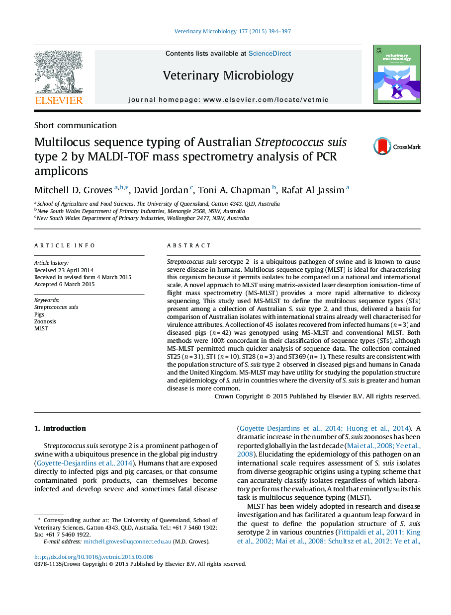 Multilocus sequence typing of Australian Streptococcus suis type 2 by MALDI-TOF mass spectrometry analysis of PCR amplicons