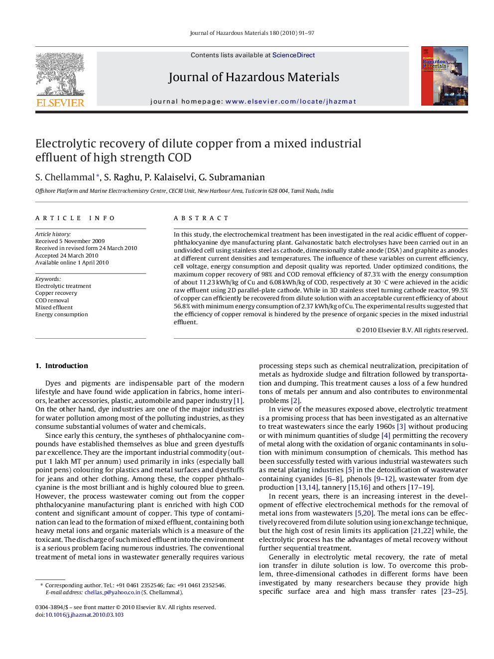 Electrolytic recovery of dilute copper from a mixed industrial effluent of high strength COD