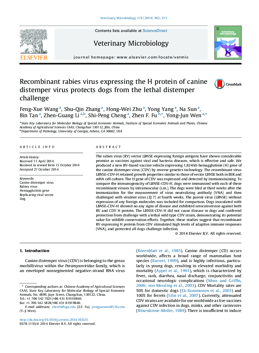 Recombinant rabies virus expressing the H protein of canine distemper virus protects dogs from the lethal distemper challenge