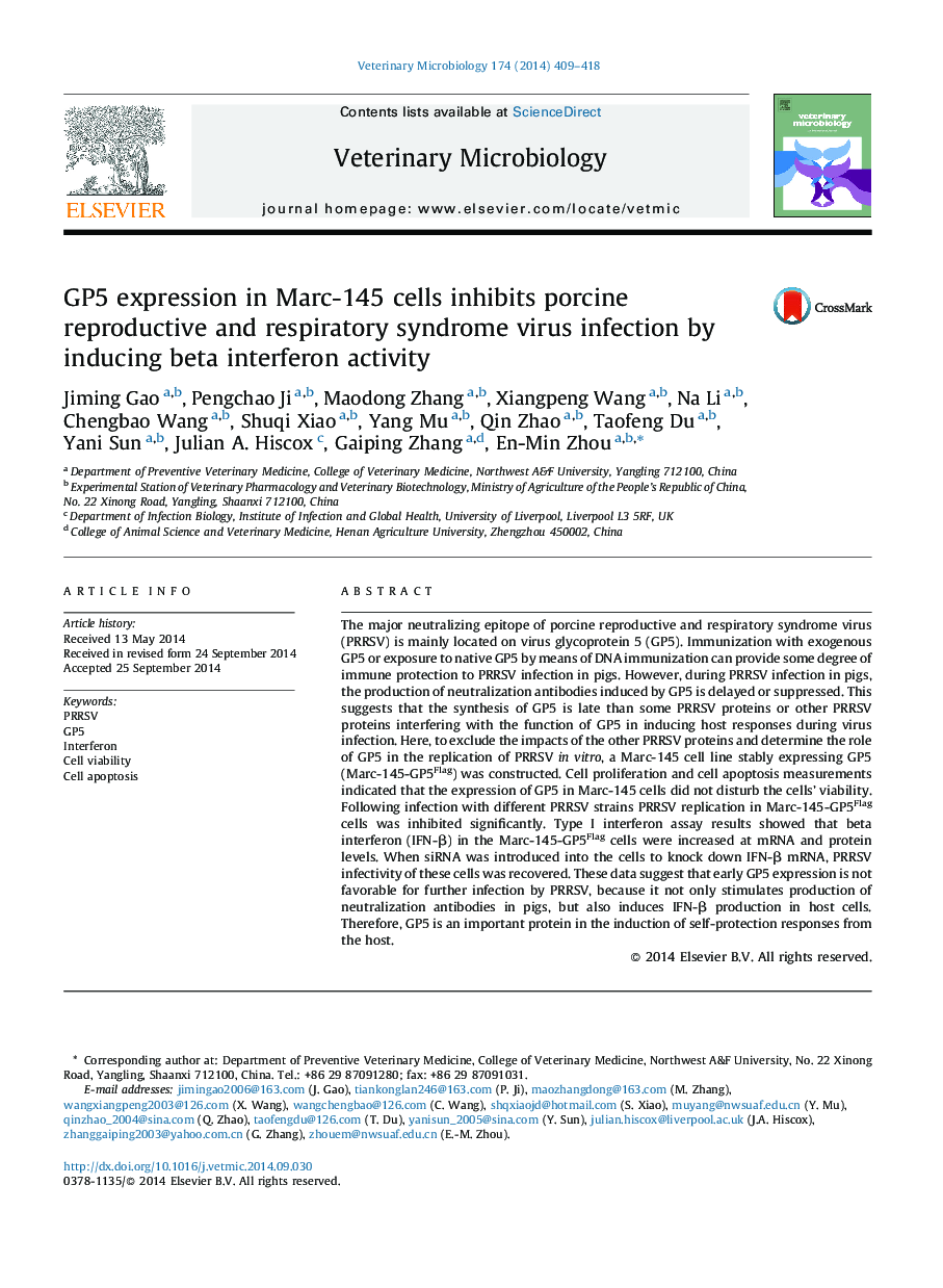 GP5 expression in Marc-145 cells inhibits porcine reproductive and respiratory syndrome virus infection by inducing beta interferon activity