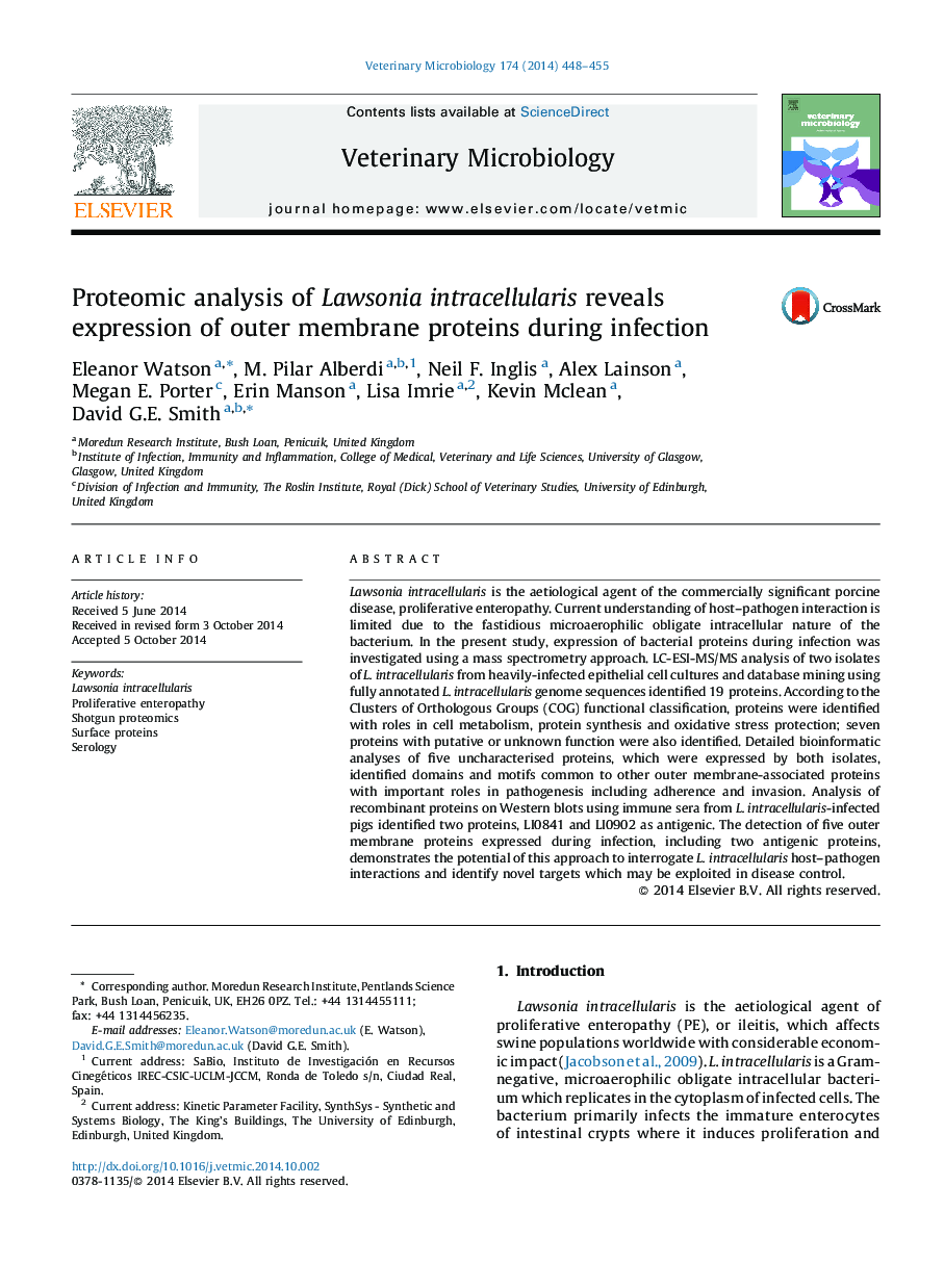 Proteomic analysis of Lawsonia intracellularis reveals expression of outer membrane proteins during infection