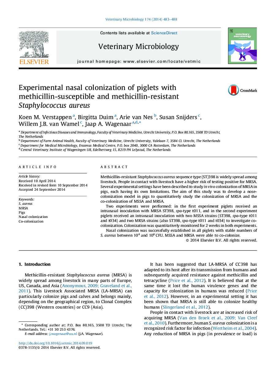 Experimental nasal colonization of piglets with methicillin-susceptible and methicillin-resistant Staphylococcus aureus