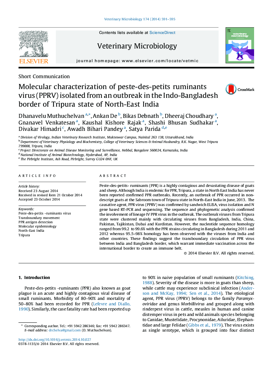 Molecular characterization of peste-des-petits ruminants virus (PPRV) isolated from an outbreak in the Indo-Bangladesh border of Tripura state of North-East India