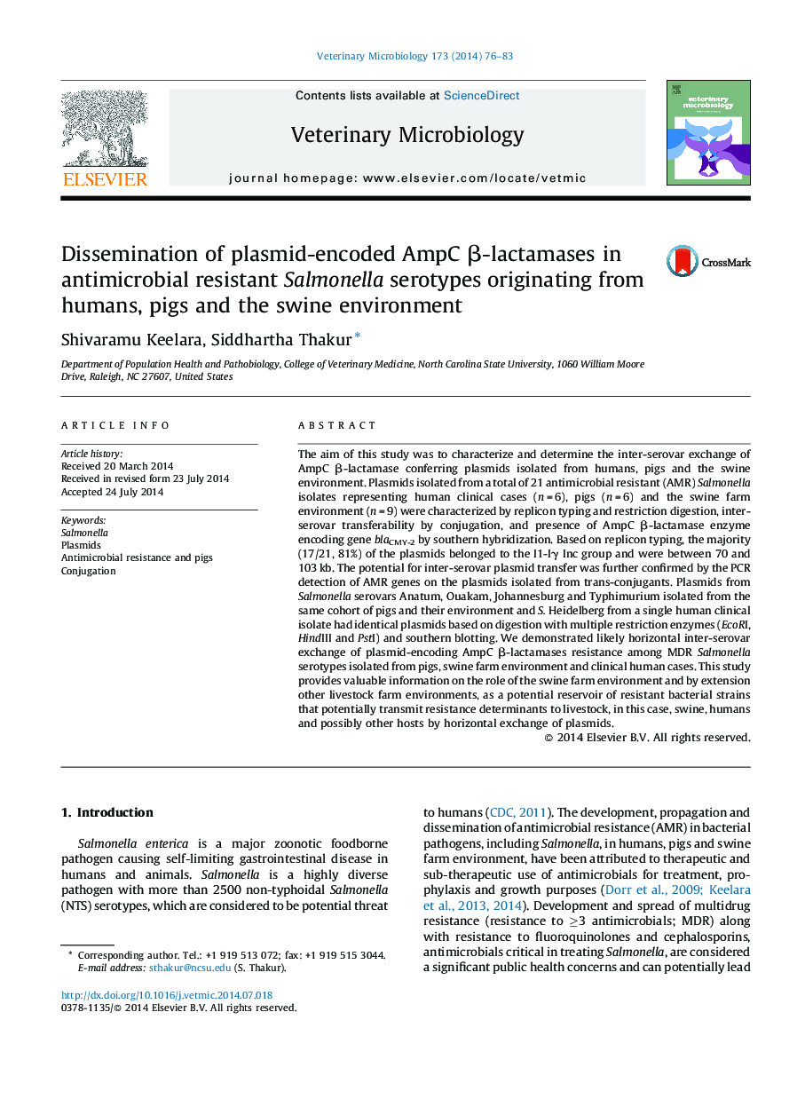 Dissemination of plasmid-encoded AmpC Î²-lactamases in antimicrobial resistant Salmonella serotypes originating from humans, pigs and the swine environment