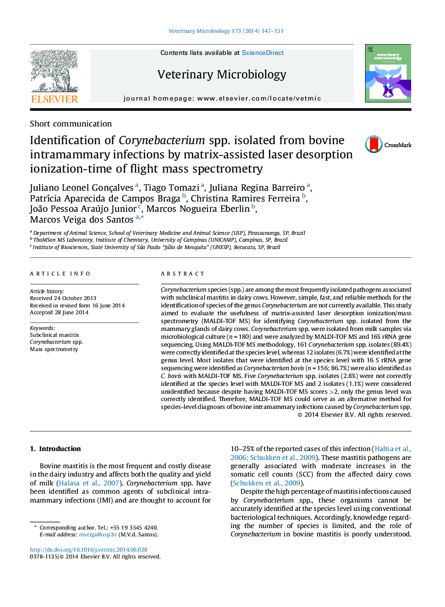 Identification of Corynebacterium spp. isolated from bovine intramammary infections by matrix-assisted laser desorption ionization-time of flight mass spectrometry