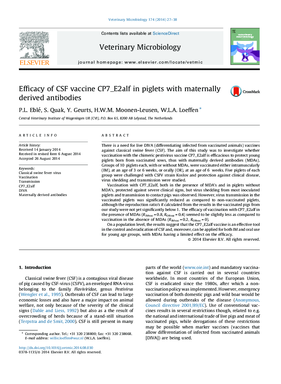 Efficacy of CSF vaccine CP7_E2alf in piglets with maternally derived antibodies