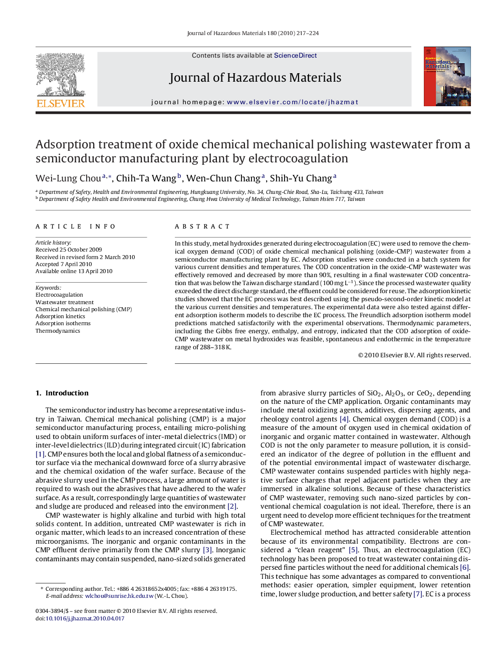 Adsorption treatment of oxide chemical mechanical polishing wastewater from a semiconductor manufacturing plant by electrocoagulation