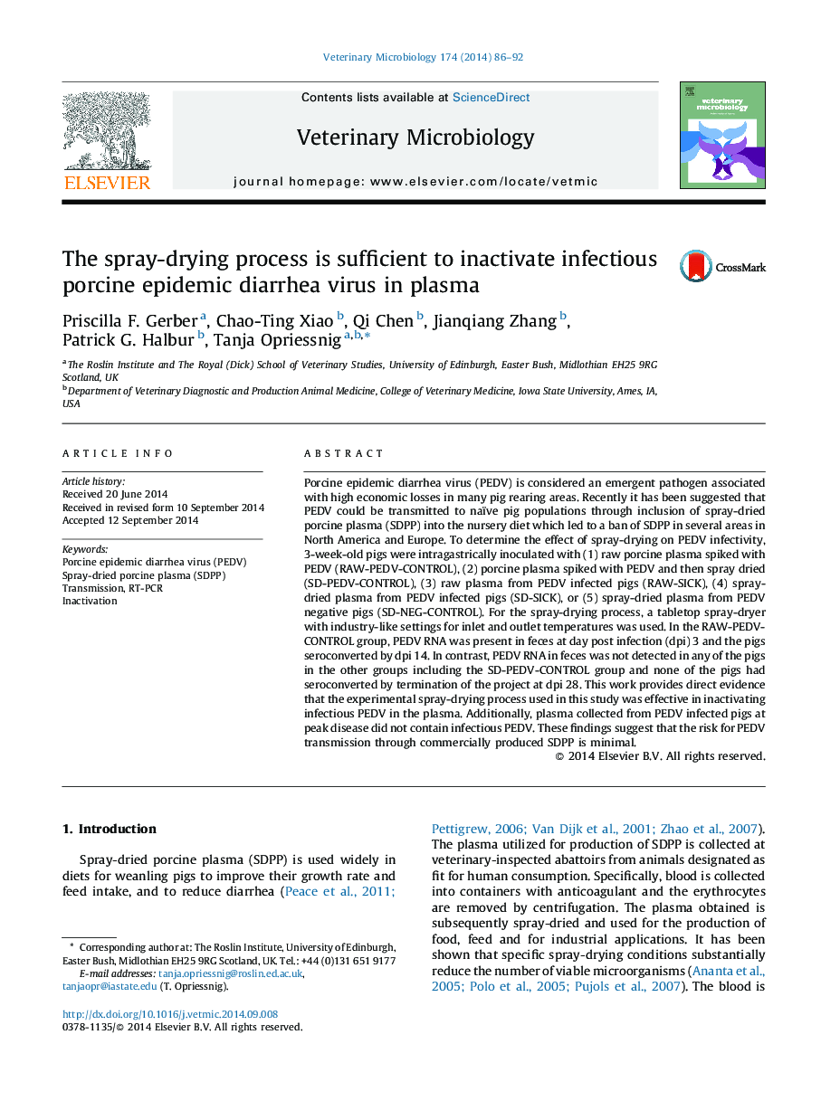 The spray-drying process is sufficient to inactivate infectious porcine epidemic diarrhea virus in plasma