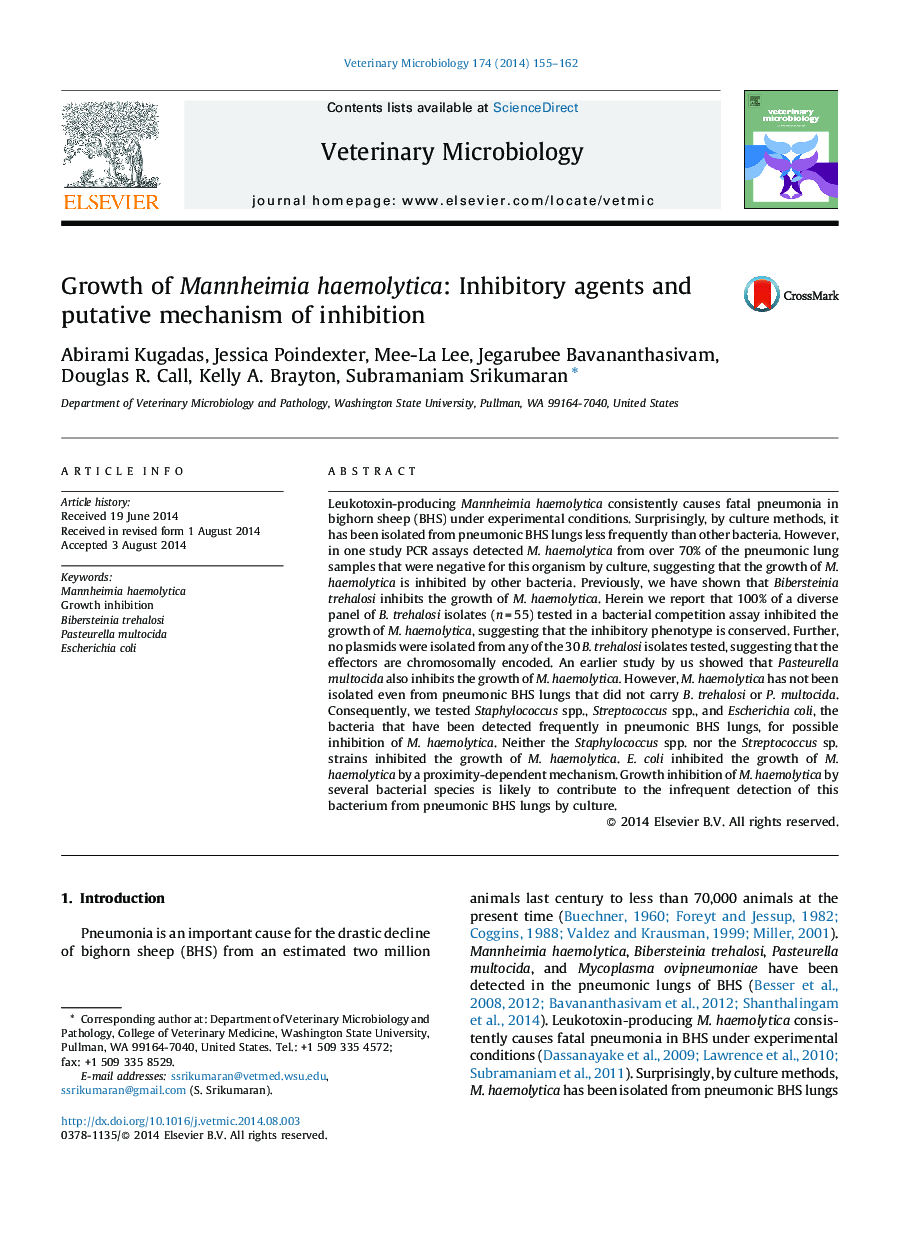 Growth of Mannheimia haemolytica: Inhibitory agents and putative mechanism of inhibition