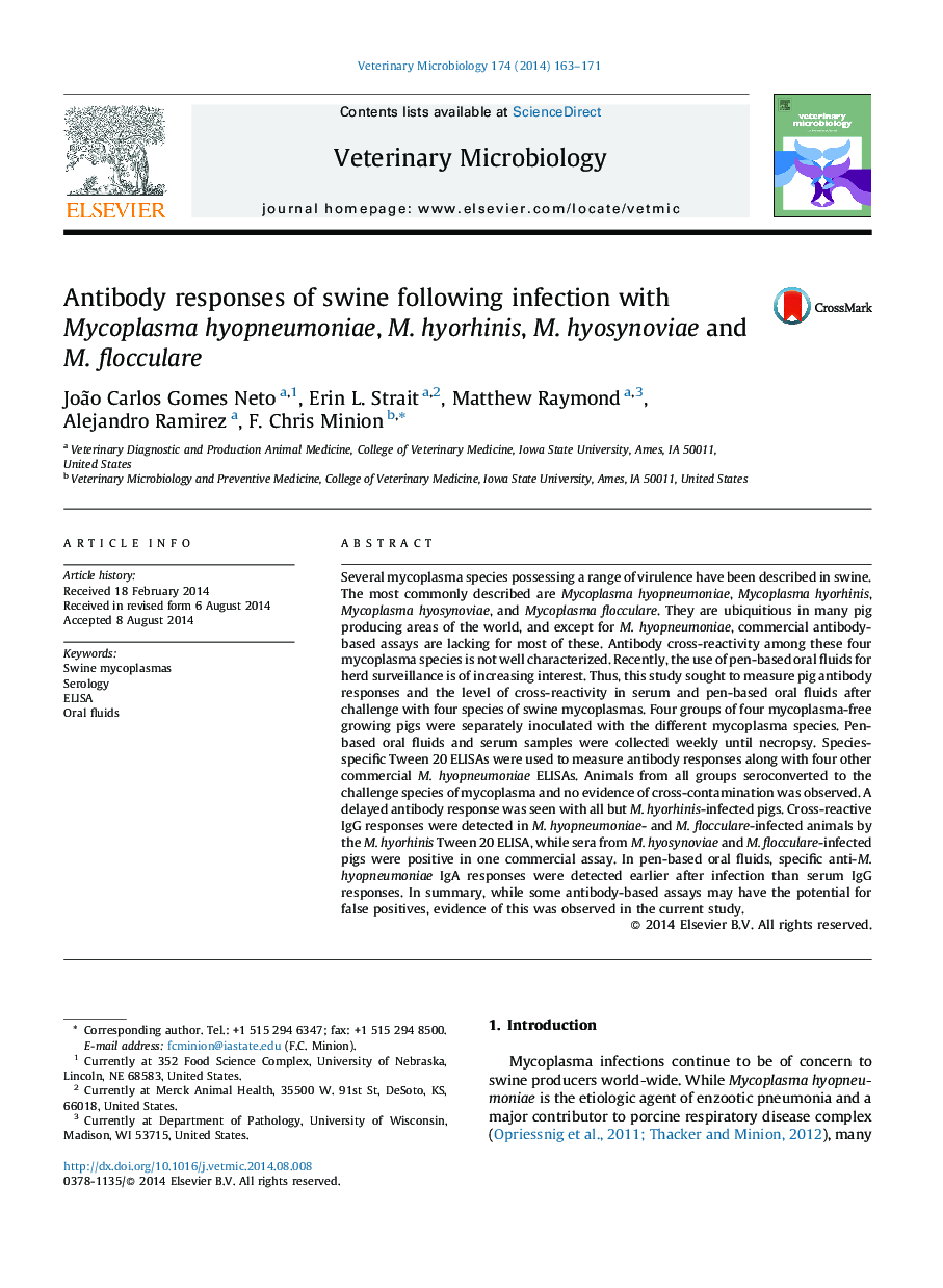 Antibody responses of swine following infection with Mycoplasma hyopneumoniae, M. hyorhinis, M. hyosynoviae and M. flocculare