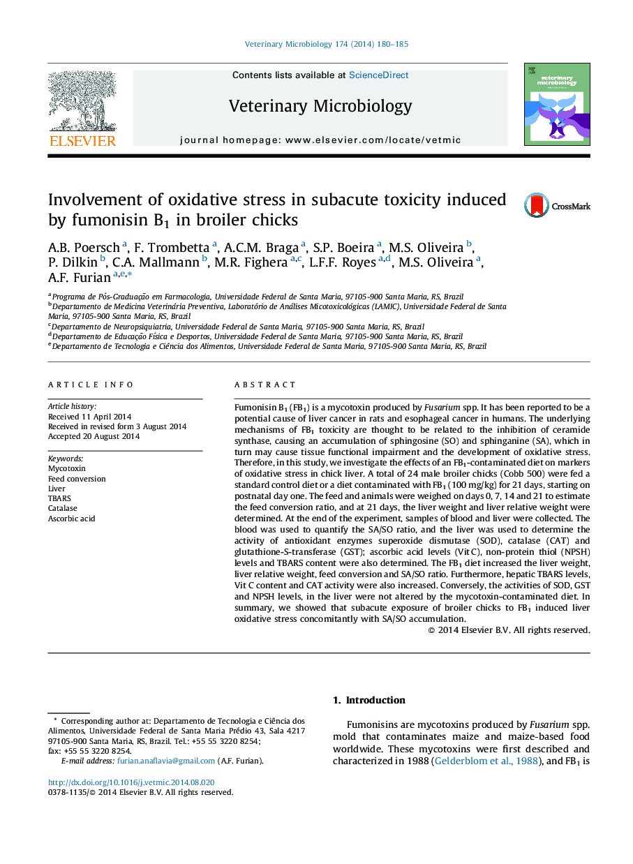 Involvement of oxidative stress in subacute toxicity induced by fumonisin B1 in broiler chicks