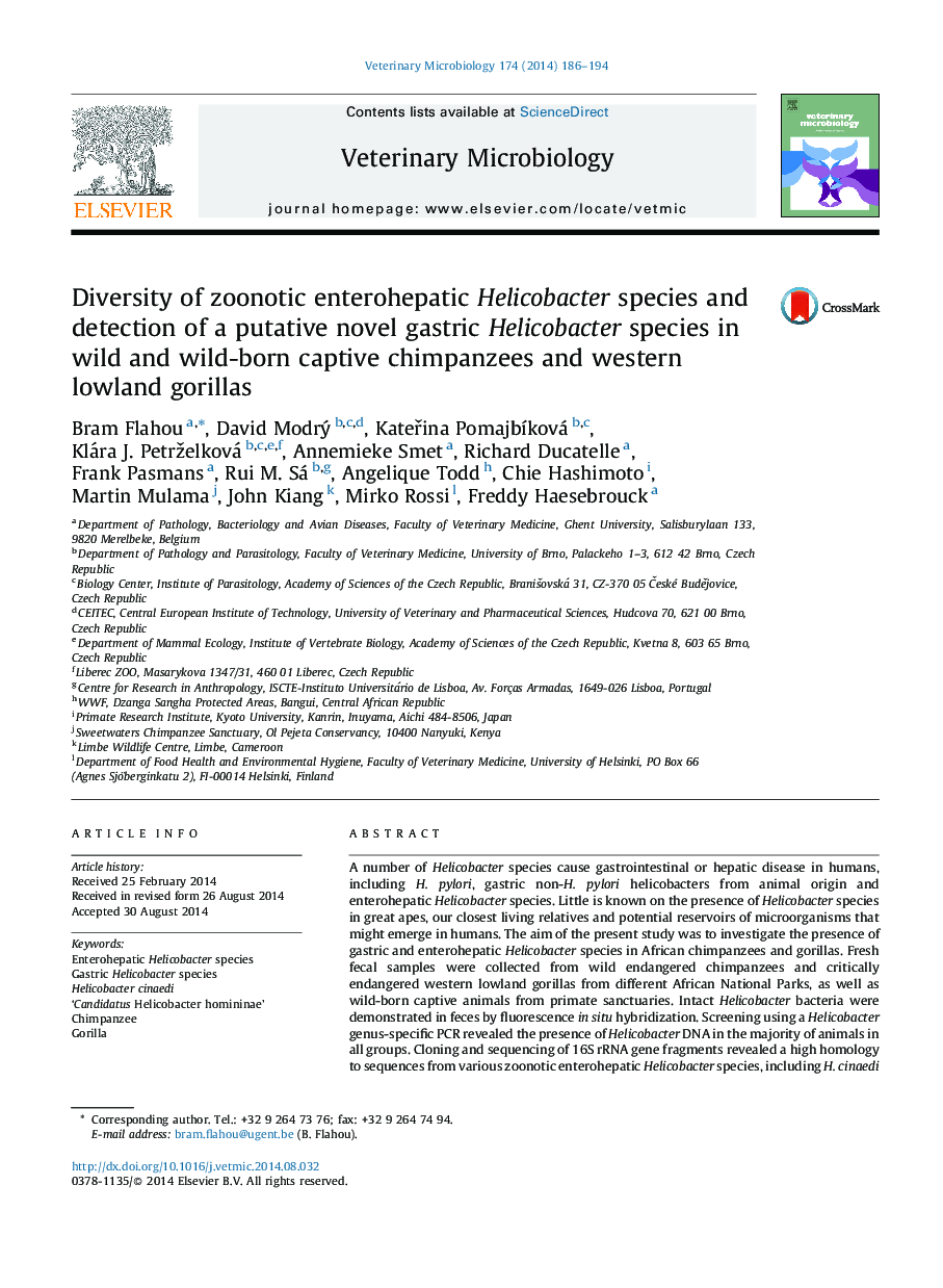 Diversity of zoonotic enterohepatic Helicobacter species and detection of a putative novel gastric Helicobacter species in wild and wild-born captive chimpanzees and western lowland gorillas