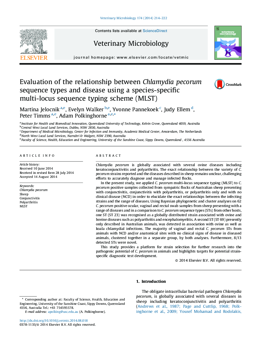 Evaluation of the relationship between Chlamydia pecorum sequence types and disease using a species-specific multi-locus sequence typing scheme (MLST)