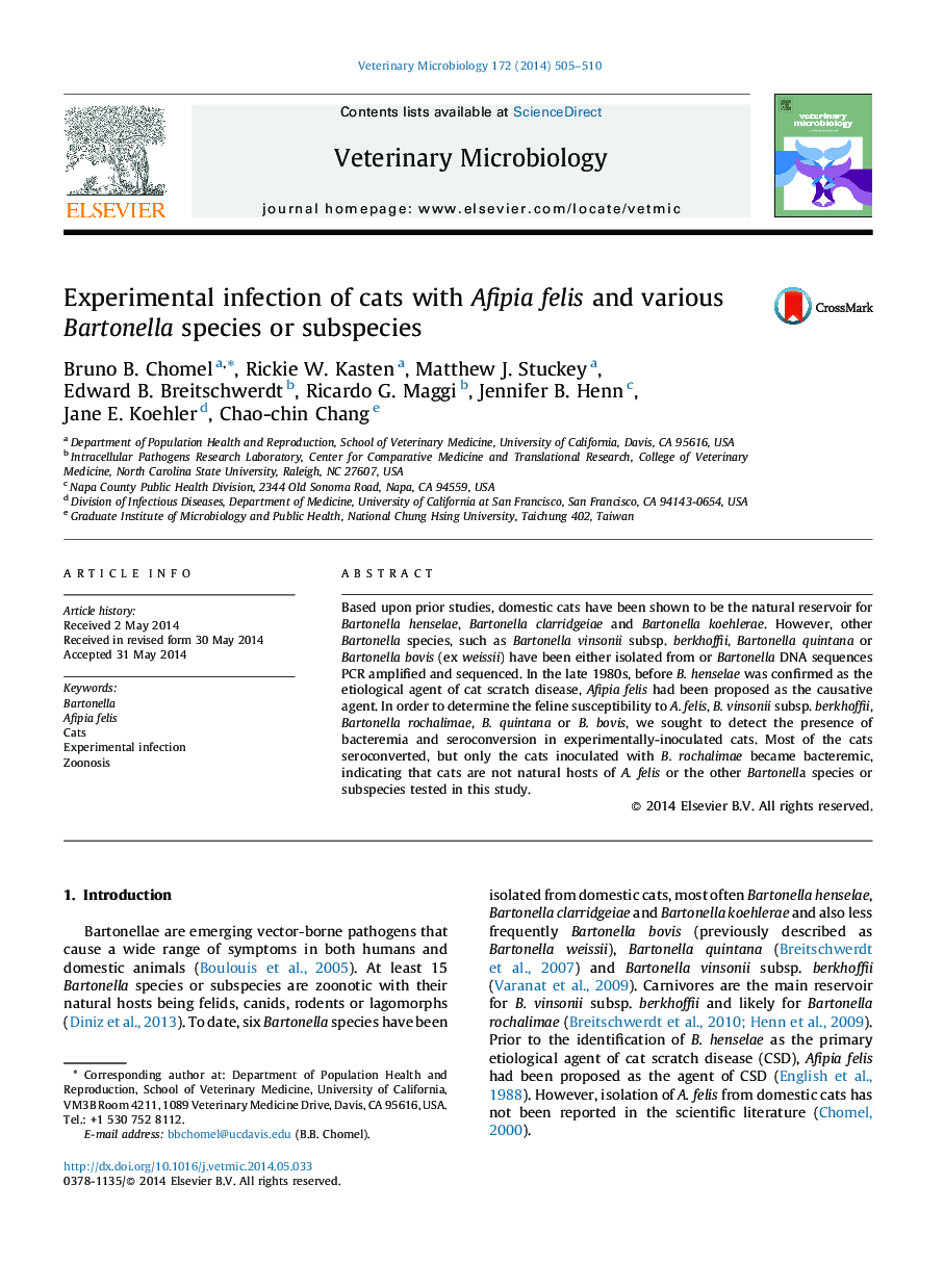 Experimental infection of cats with Afipia felis and various Bartonella species or subspecies