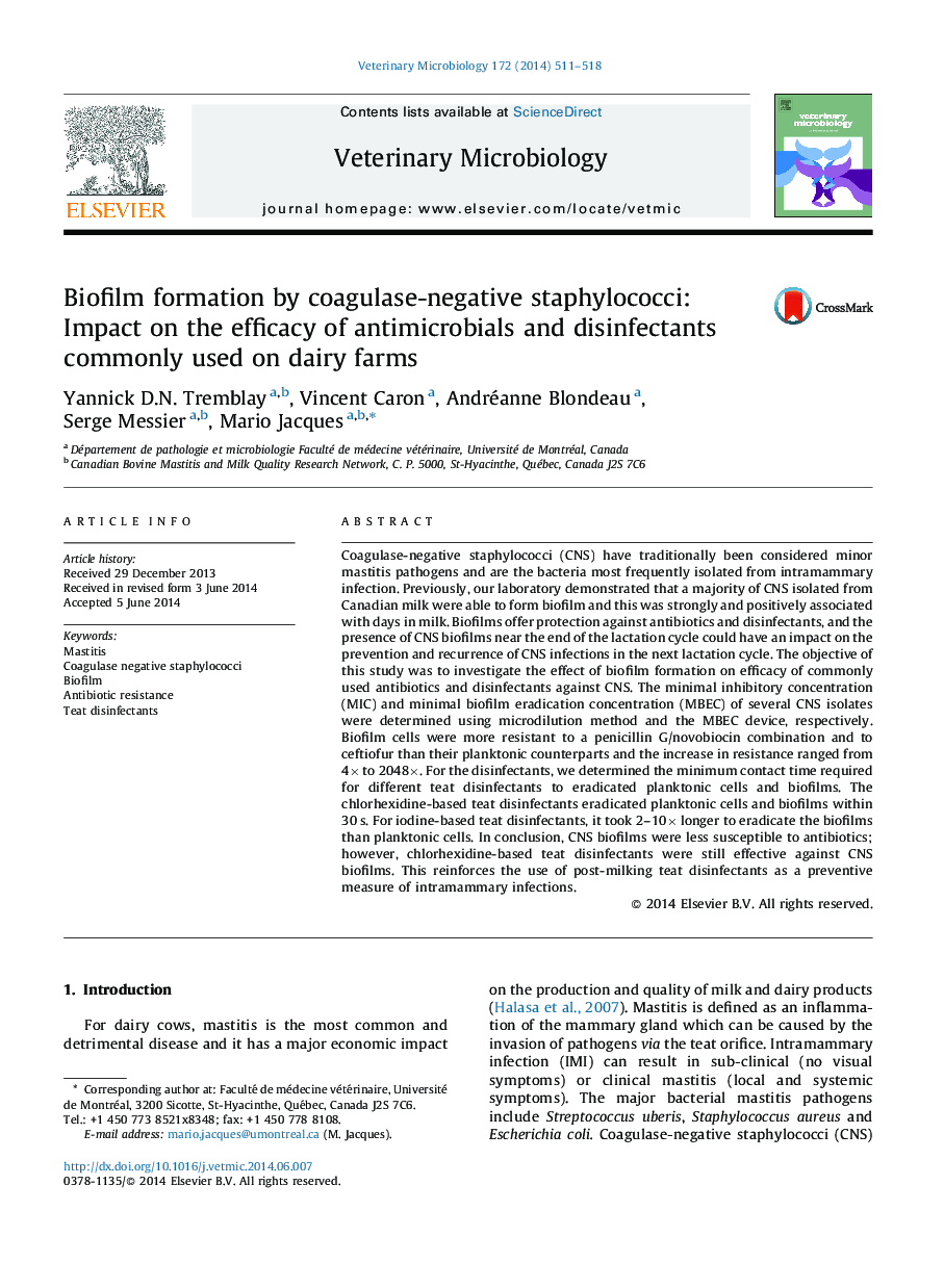 Biofilm formation by coagulase-negative staphylococci: Impact on the efficacy of antimicrobials and disinfectants commonly used on dairy farms