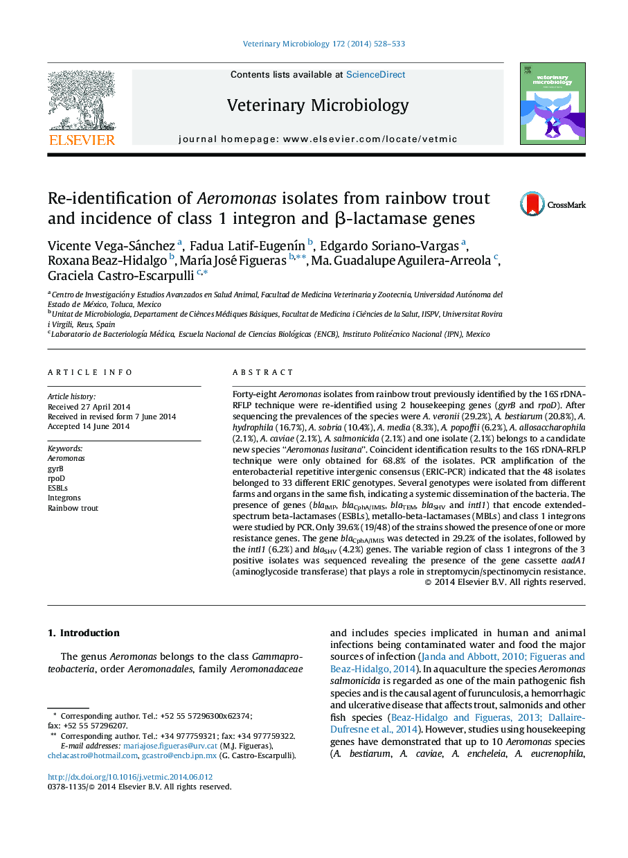 Re-identification of Aeromonas isolates from rainbow trout and incidence of class 1 integron and Î²-lactamase genes