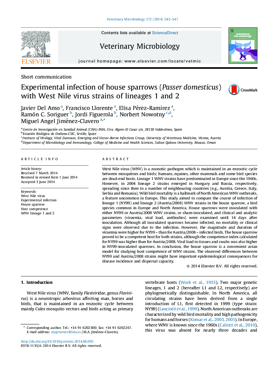 Experimental infection of house sparrows (Passer domesticus) with West Nile virus strains of lineages 1 and 2