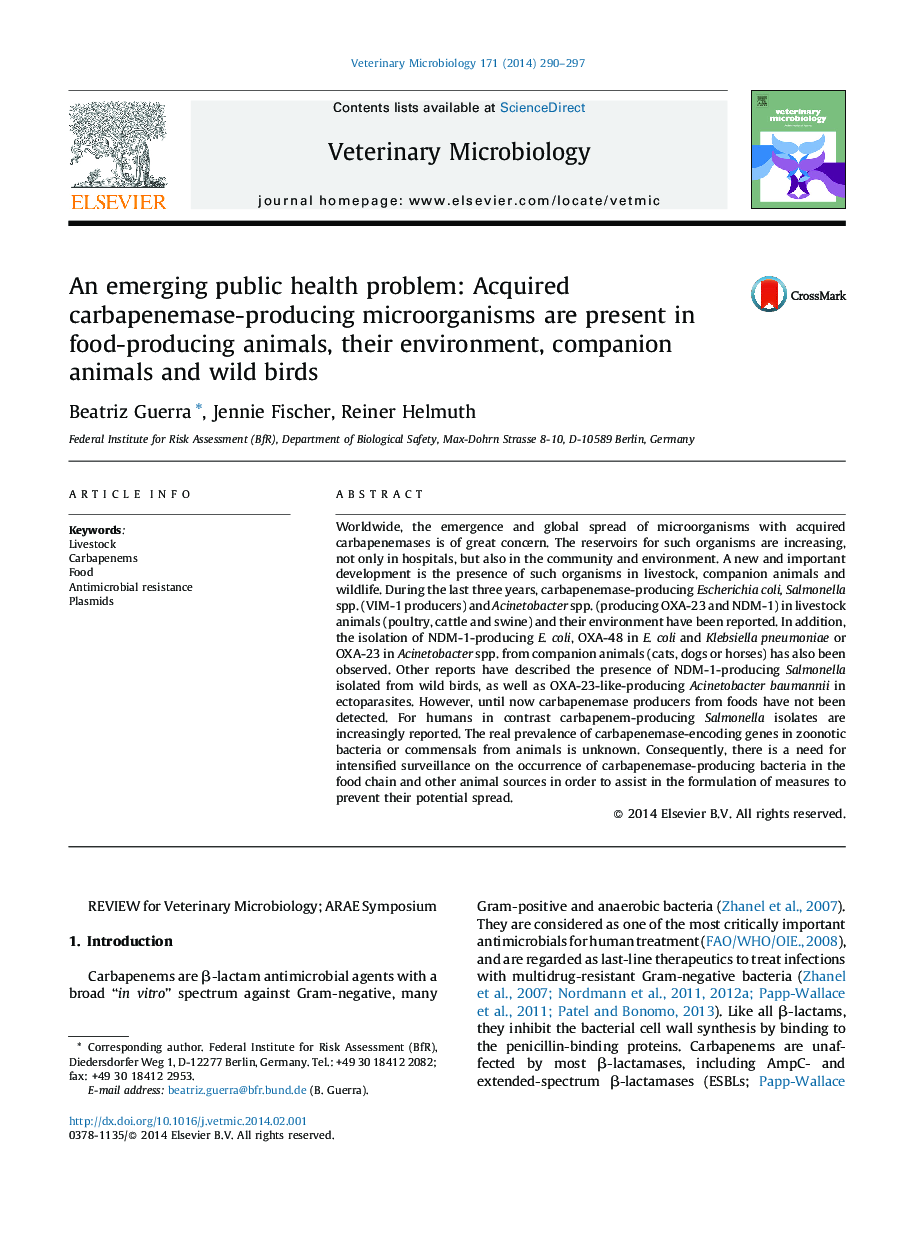 An emerging public health problem: Acquired carbapenemase-producing microorganisms are present in food-producing animals, their environment, companion animals and wild birds