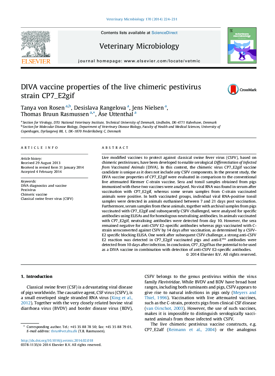 DIVA vaccine properties of the live chimeric pestivirus strain CP7_E2gif