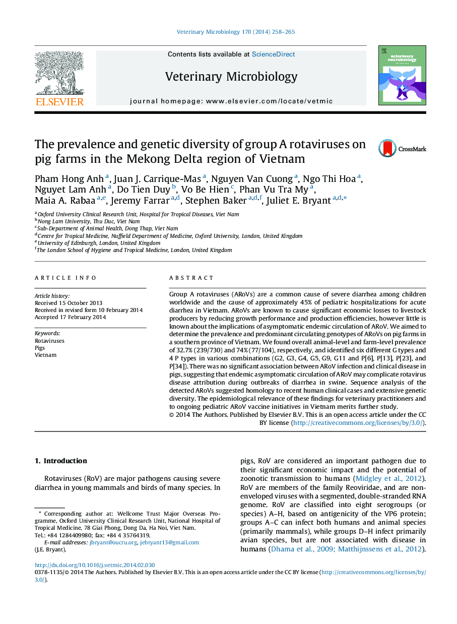 The prevalence and genetic diversity of group A rotaviruses on pig farms in the Mekong Delta region of Vietnam