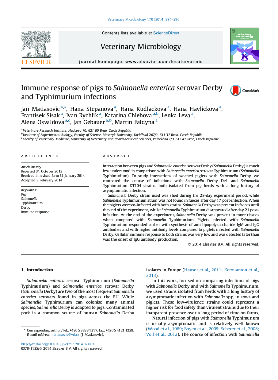 Immune response of pigs to Salmonella enterica serovar Derby and Typhimurium infections